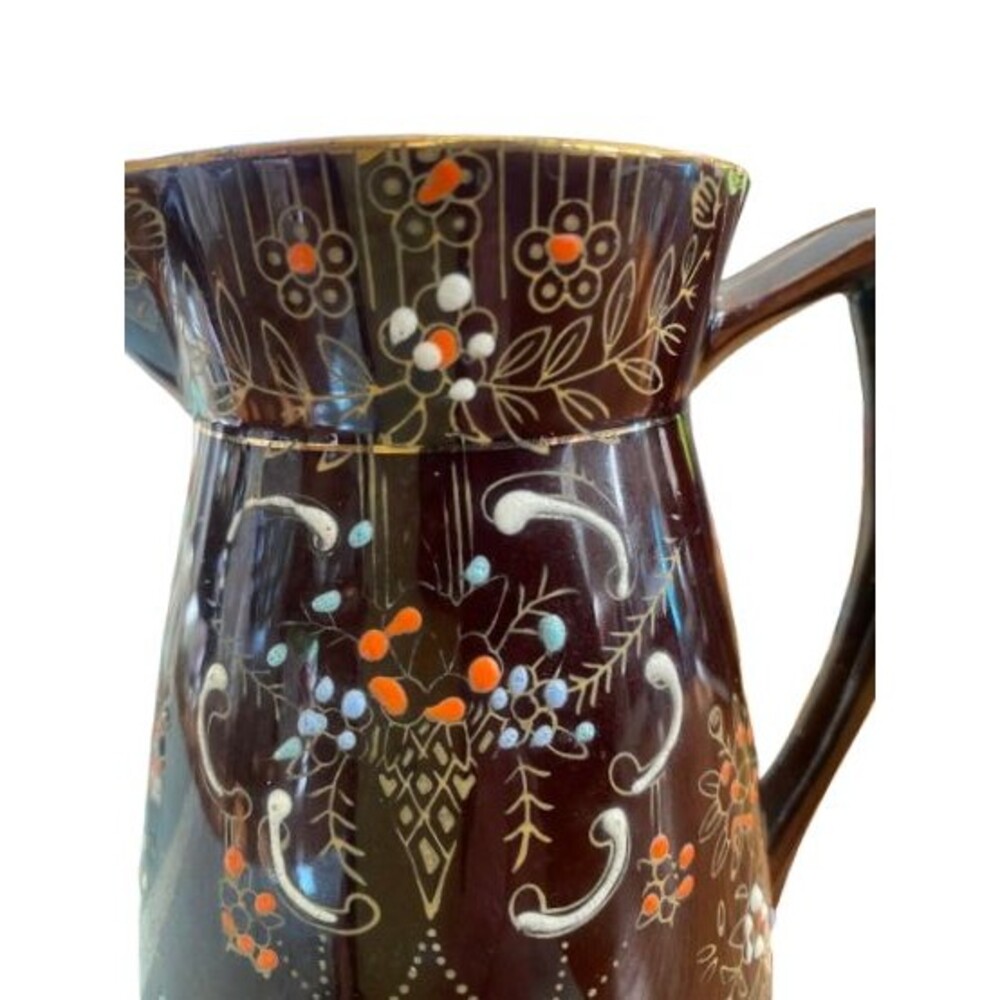 Vintage Moriage Red Ware Hand Painted Brown Gold Glazed Juice Pitcher Japan 6"